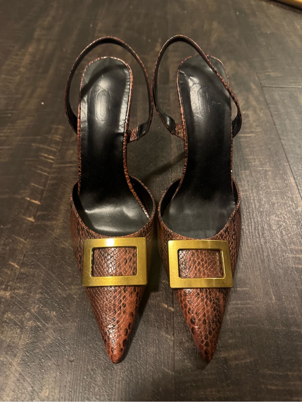 Brown Snake-Embossed Pointed Toe Slingback Heels with Gold Buckle